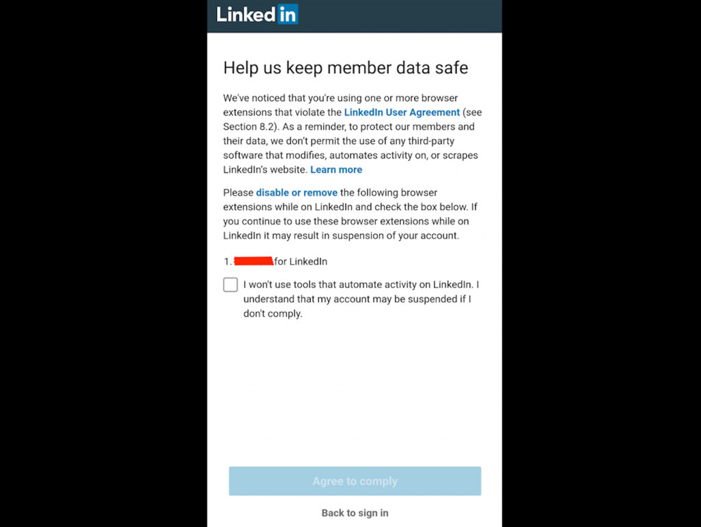 LinkedIn Warning Message for one or more browser extensions that violate the LInkedIn User Agreement.